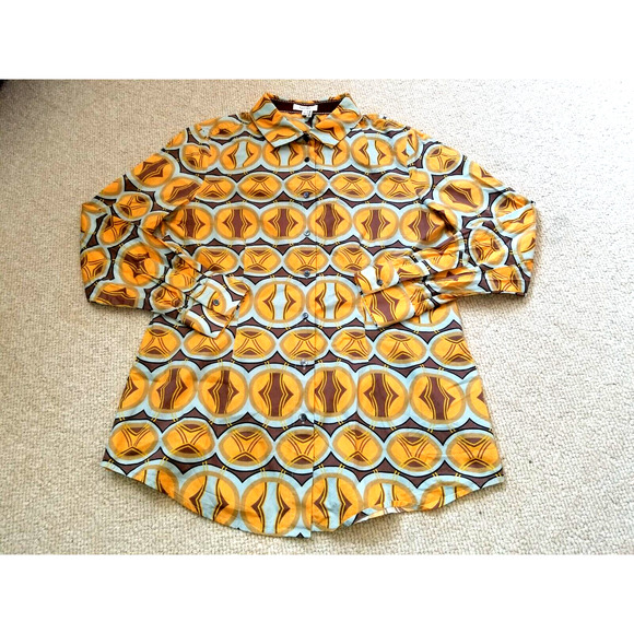 Womens Top-TYLER BOE-brown/orange/blue geometric 100% cotton button-up ls-10 - Picture 1 of 4
